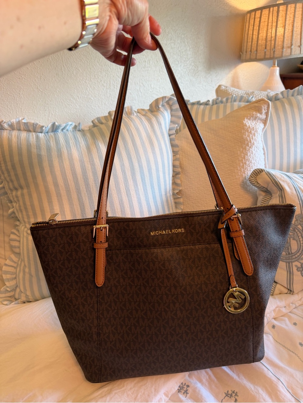 Michael Kors Brown Logo Tote with Tan Straps
